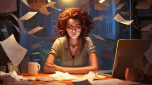 AI-generated image of a focused young woman with curly red hair, surrounded by swirling papers, working late at a desk with a cityscape background.