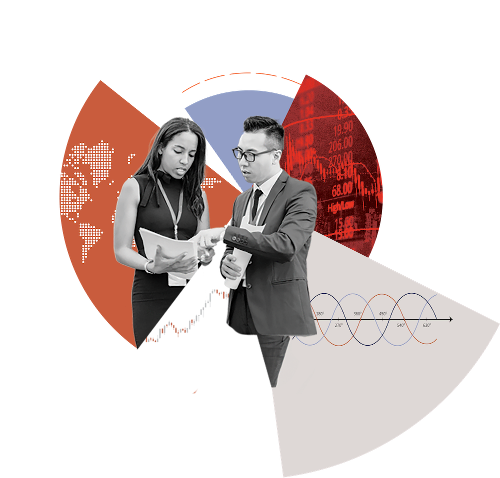 Two business professionals discuss documents in front of a stylised background featuring a world map, financial data charts, and sine wave diagrams, representing global economic and geopolitical analysis.